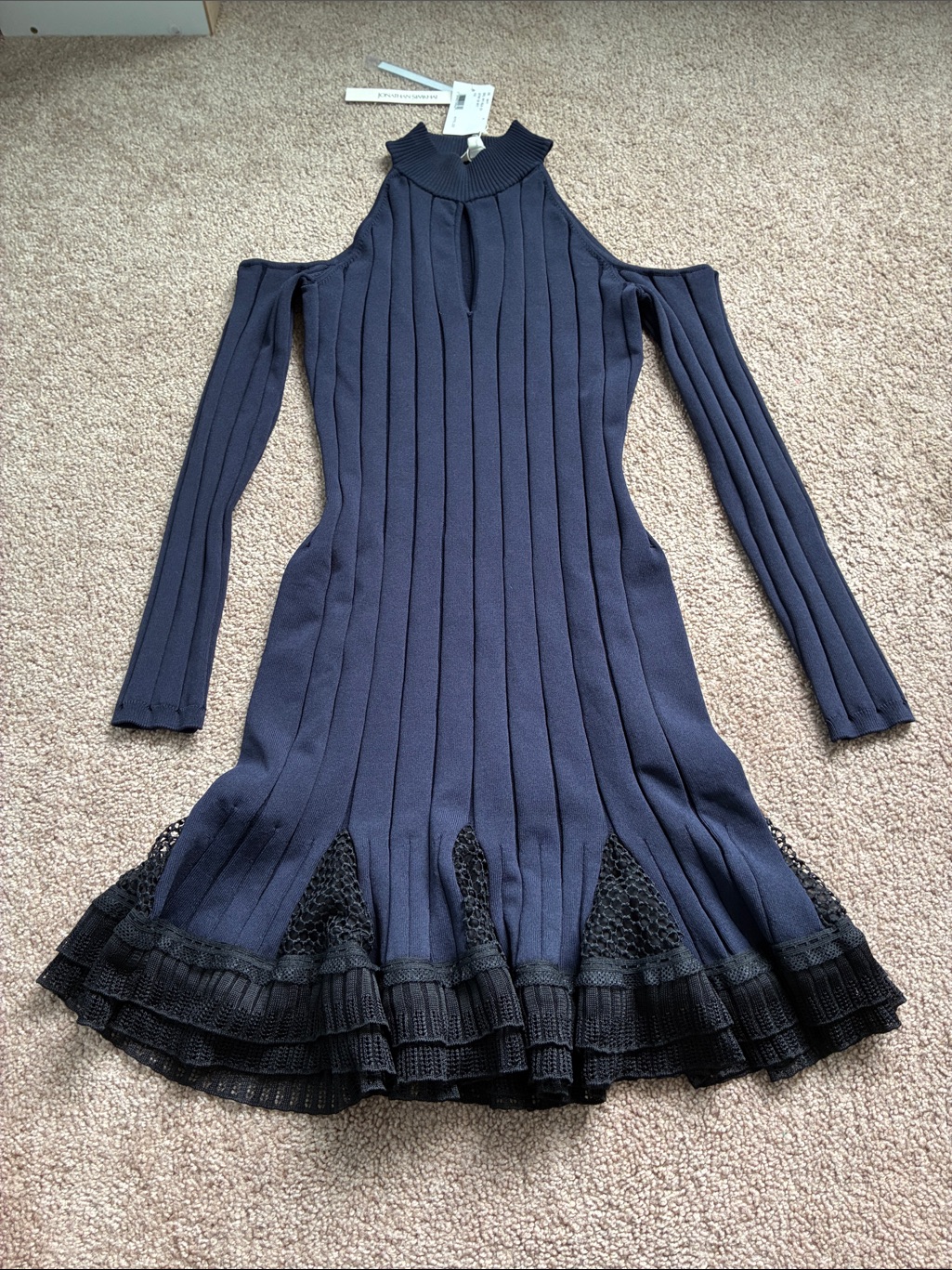 Jonathan Simkhai Navy Cold-Shoulder Ribbed Dress With Lace Trim